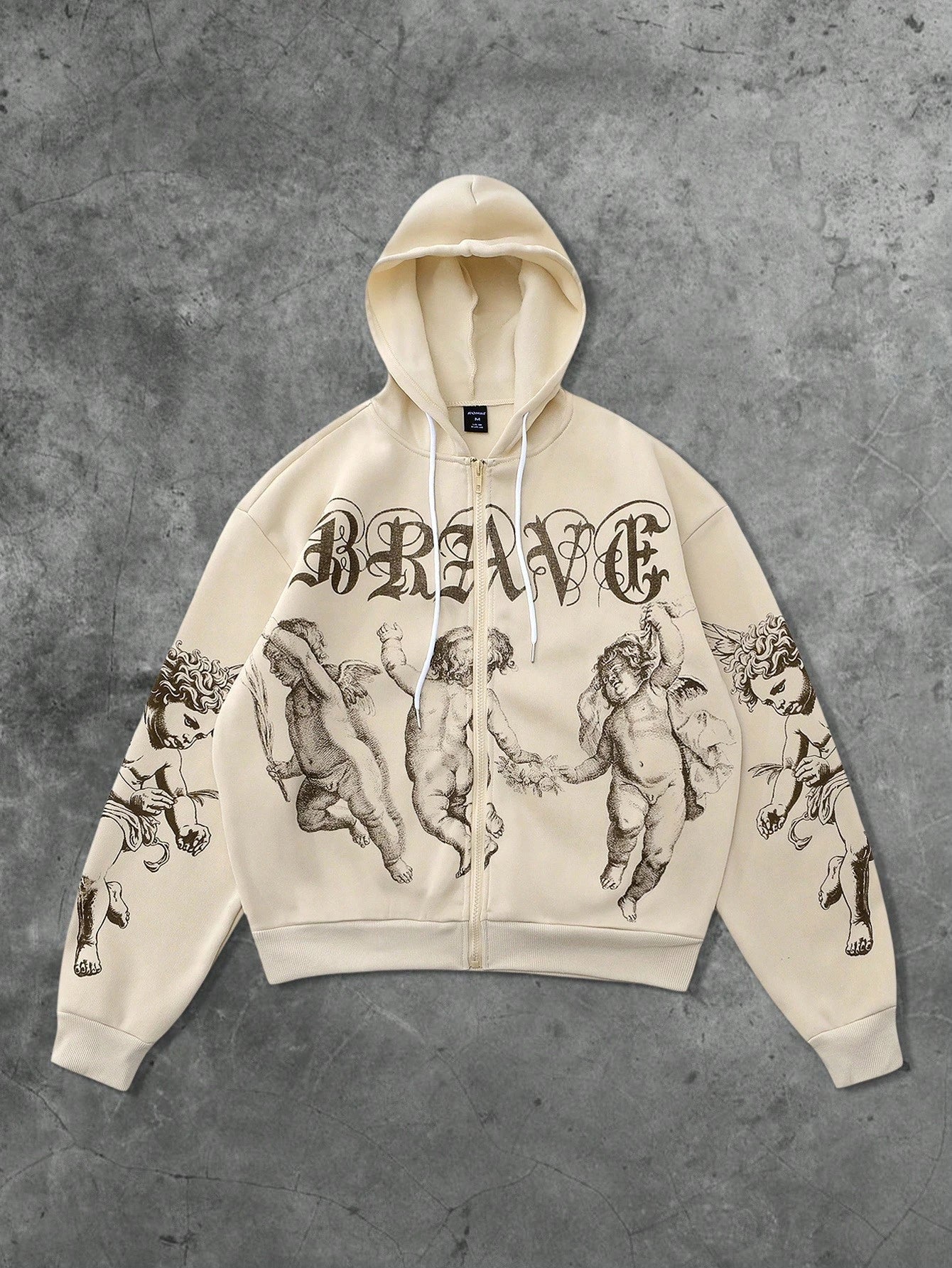 Men Vintage Angel Print Open Front Hoodie