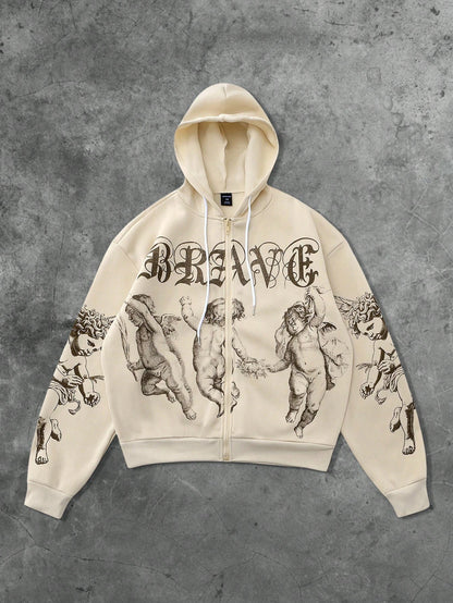 Men Vintage Angel Print Open Front Hoodie