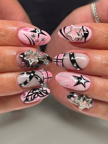 24pcs Y2K Pink Metallic Star Almond Press-On Nails