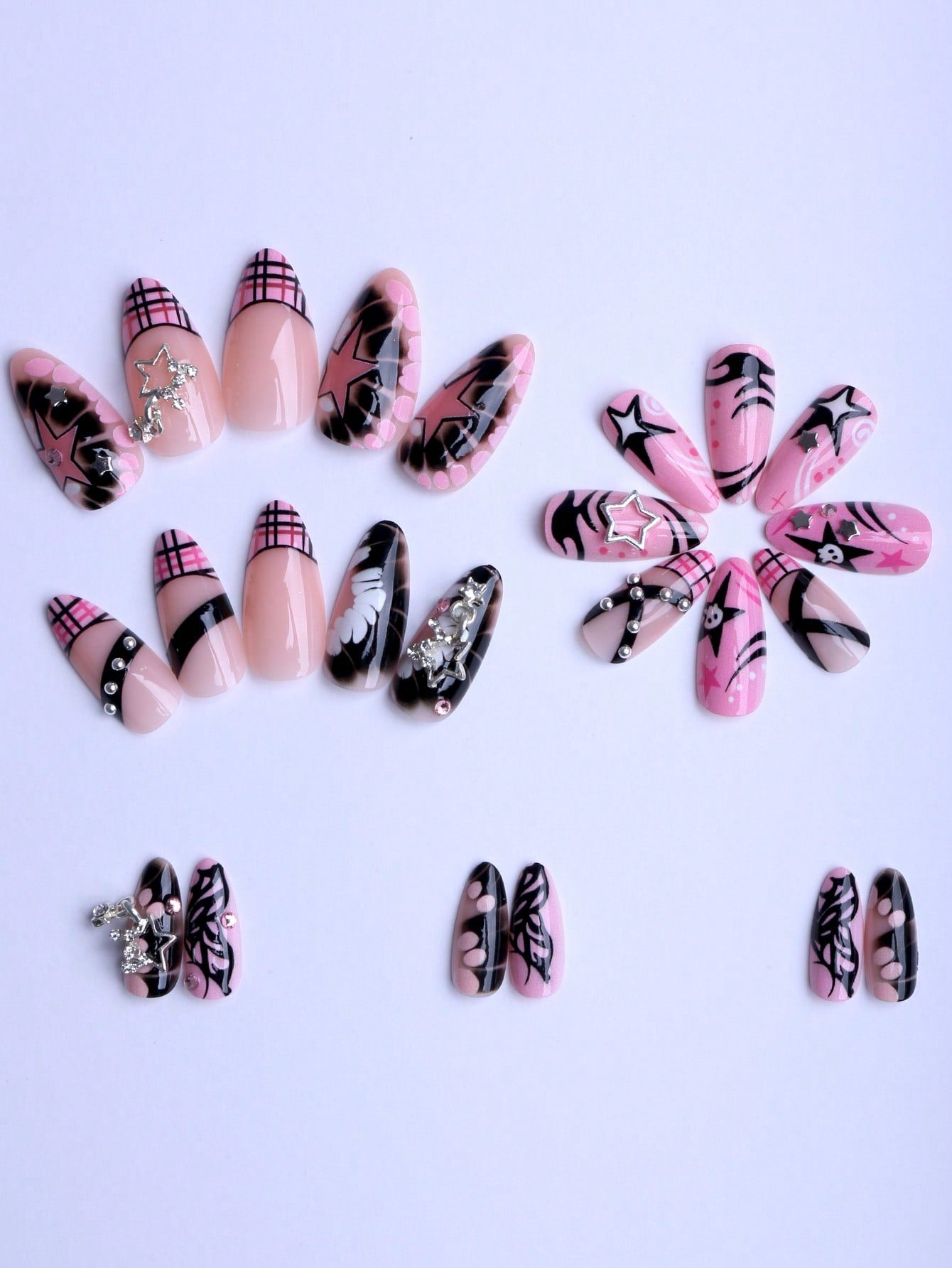 24pcs Y2K Pink Metallic Star Almond Press-On Nails