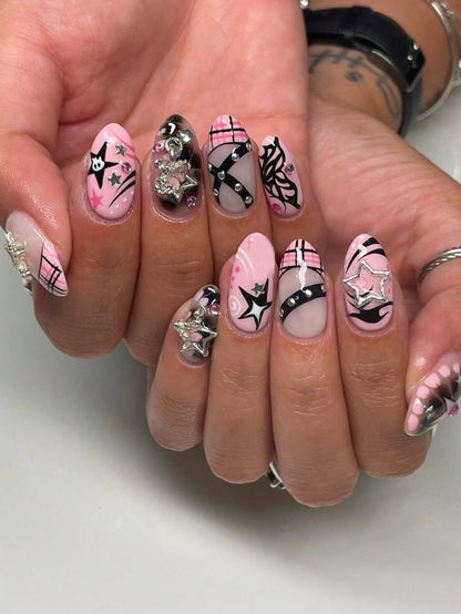 24pcs Y2K Pink Metallic Star Almond Press-On Nails