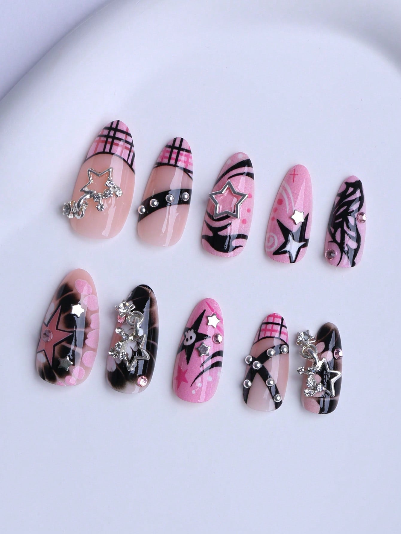 24pcs Y2K Pink Metallic Star Almond Press-On Nails