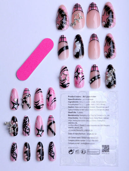 24pcs Y2K Pink Metallic Star Almond Press-On Nails