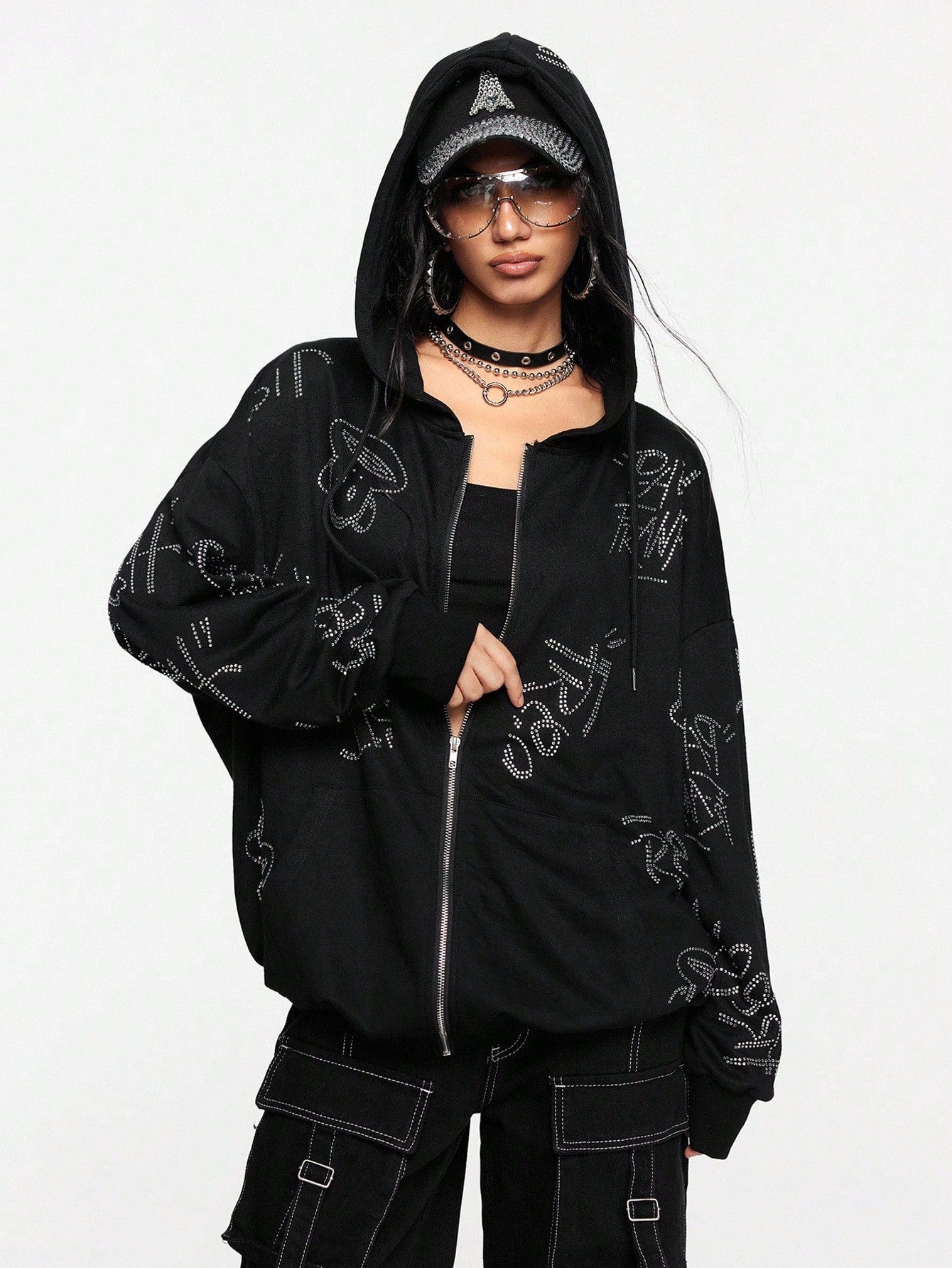 Paul Frank X ROMWE Rhinestone Zip Hoodie