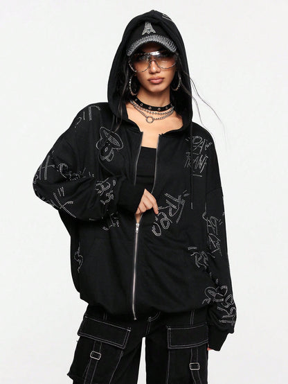 Paul Frank X ROMWE Rhinestone Zip Hoodie