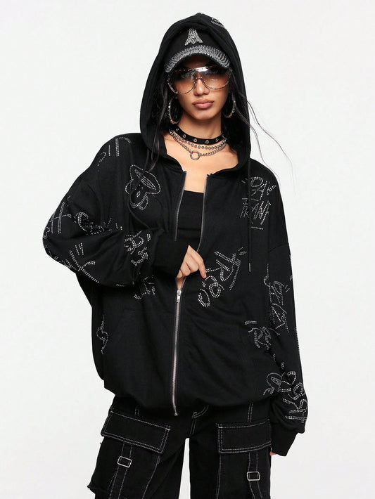 Paul Frank X ROMWE Rhinestone Zip Hoodie