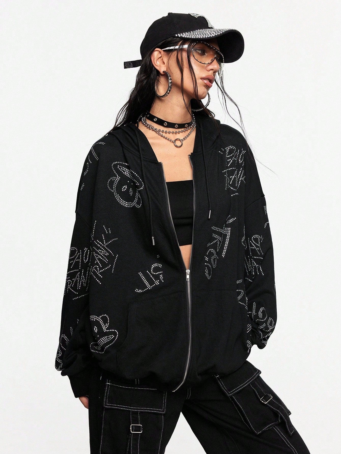 Paul Frank X ROMWE Rhinestone Zip Hoodie