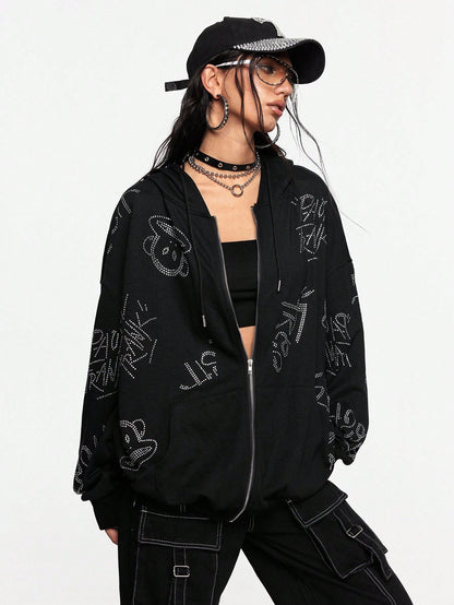 Paul Frank X ROMWE Rhinestone Zip Hoodie
