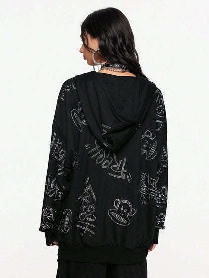 Paul Frank X ROMWE Rhinestone Zip Hoodie