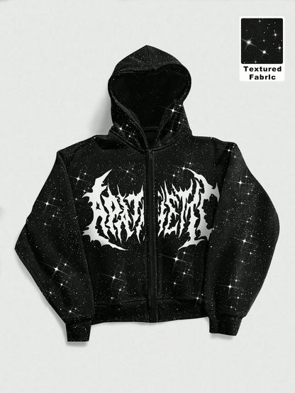 Men's Shiny Gothic Print Zip-Front Y2K Long Sleeve Hoodie