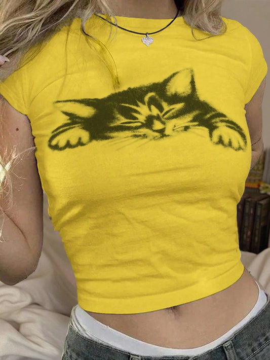 Women’s Cute Short Sleeve Cat Pattern Summer T-Shirt