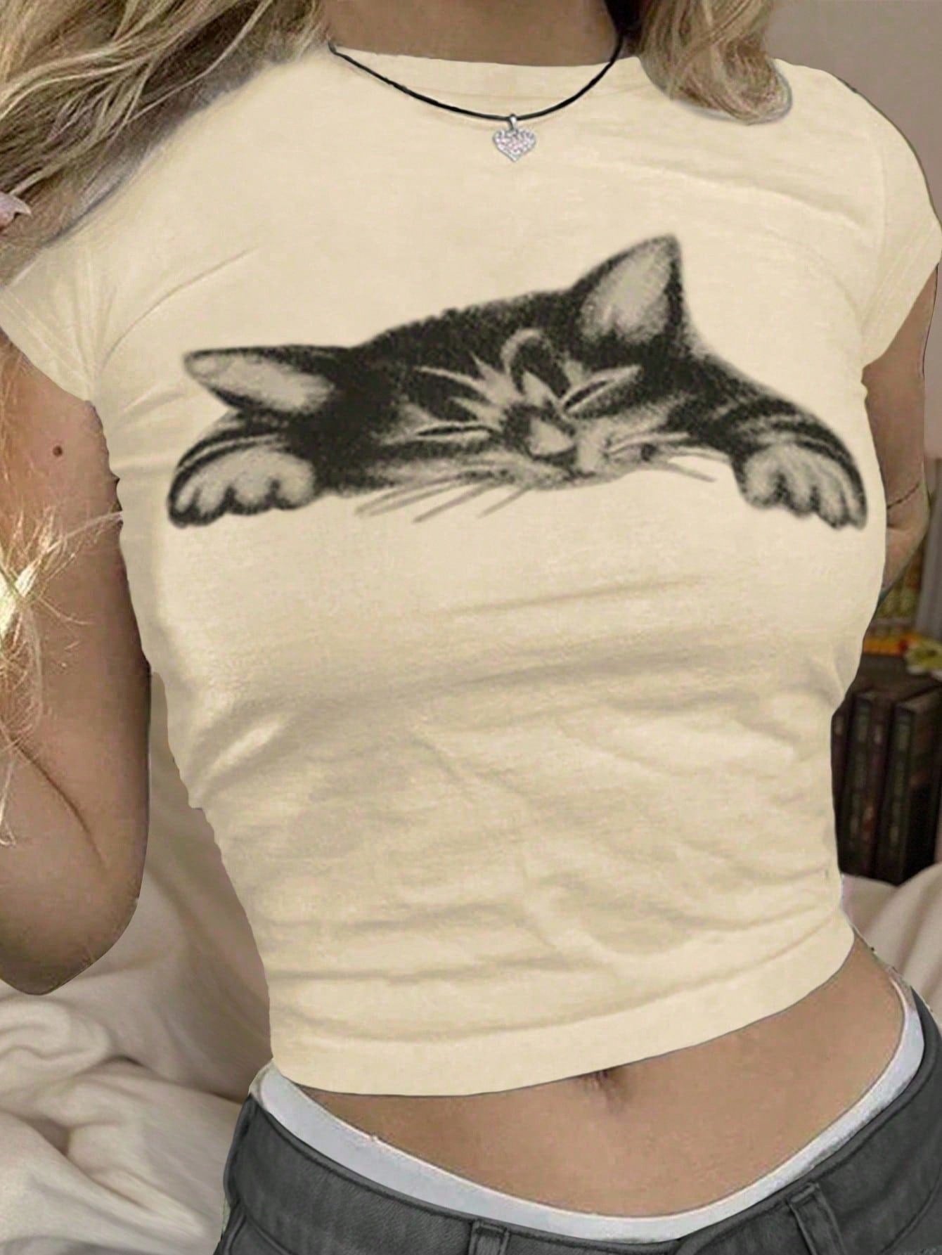 Women’s Cute Short Sleeve Cat Pattern Summer T-Shirt