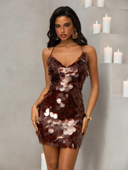 Deep V-Neck Sequin Backless Mesh Party Mini Dress