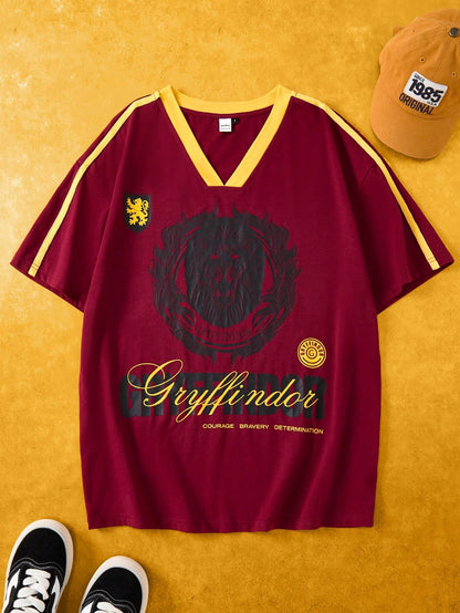 Oversized V-Neck Striped Letter Drop Shoulder Jersey