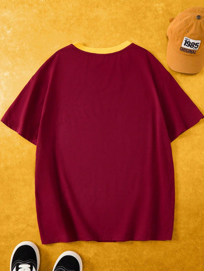 Oversized V-Neck Striped Letter Drop Shoulder Jersey