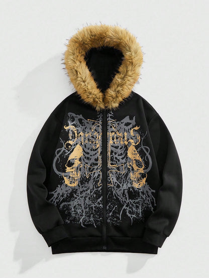 Men's Goth Skull Letter Print Fur Collar Zip Hoodie