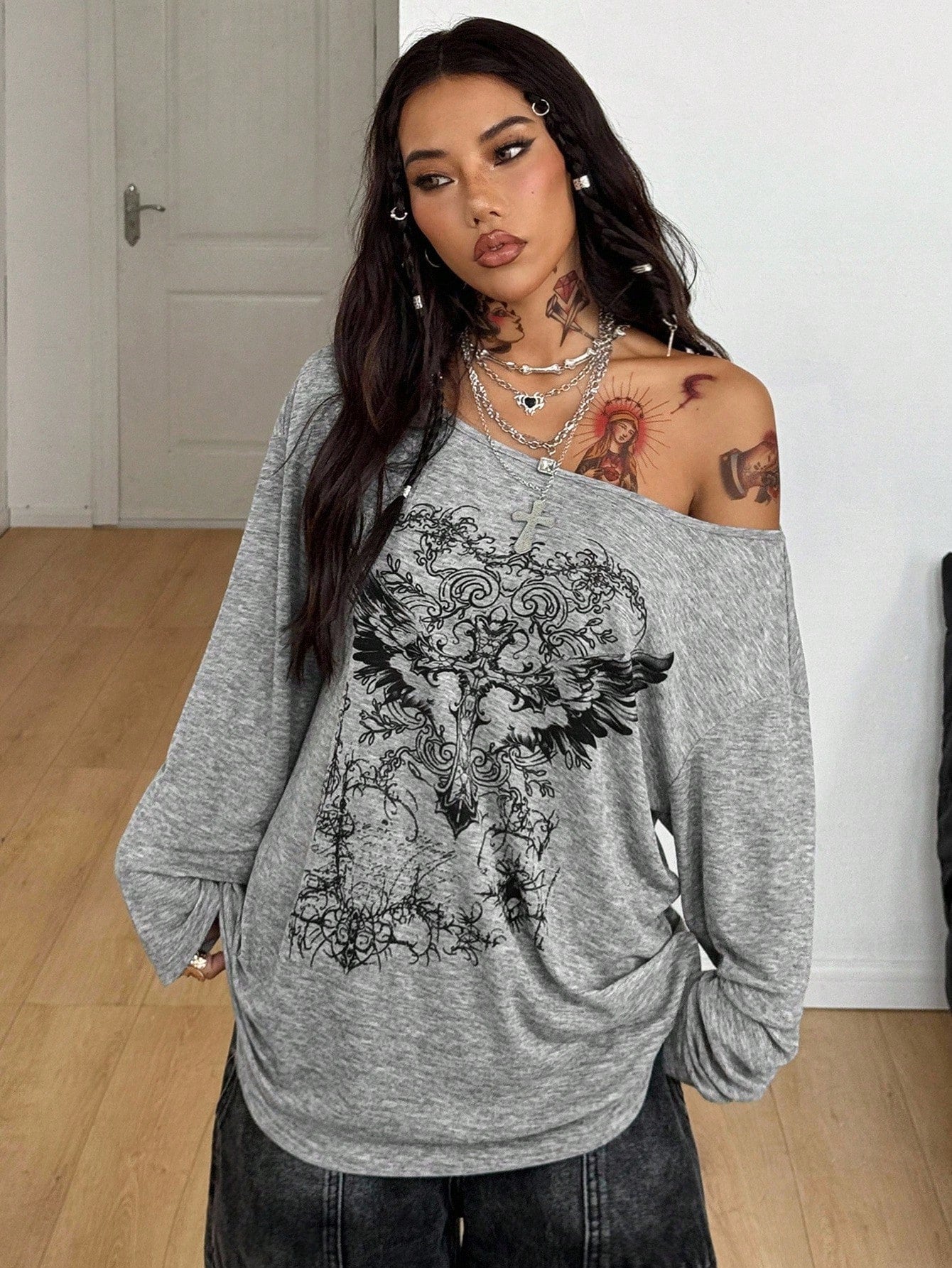 Women Goth Y2K Cupid Print Long Sleeve Tee