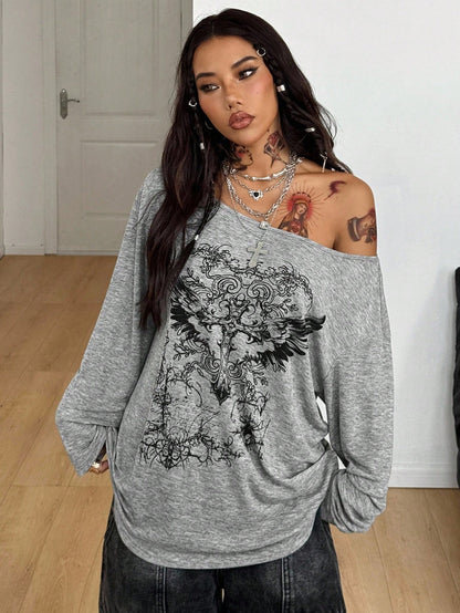Women Goth Y2K Cupid Print Long Sleeve Tee