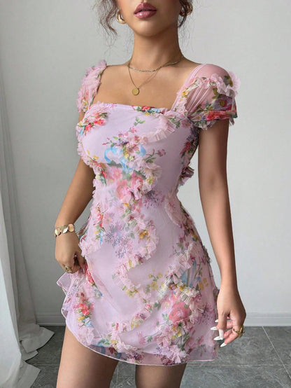 Floral Mesh Ruffled Mini Dress Elegant Square Neck A-Line Party Dress for Spring & Summer