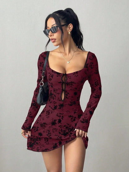 Petite Flocked Mesh Hollow Bowknot Sheer Dress