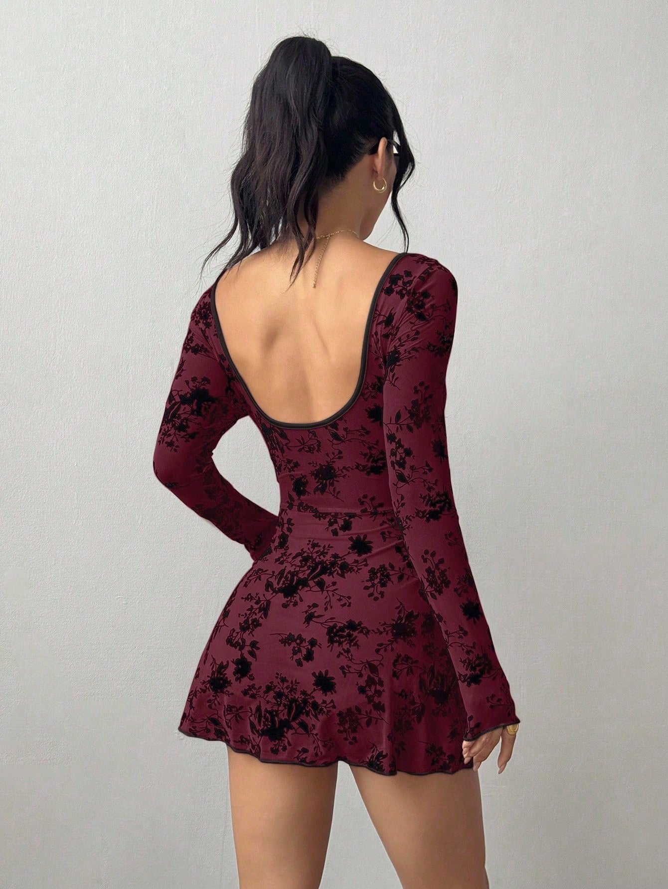 Petite Flocked Mesh Hollow Bowknot Sheer Dress