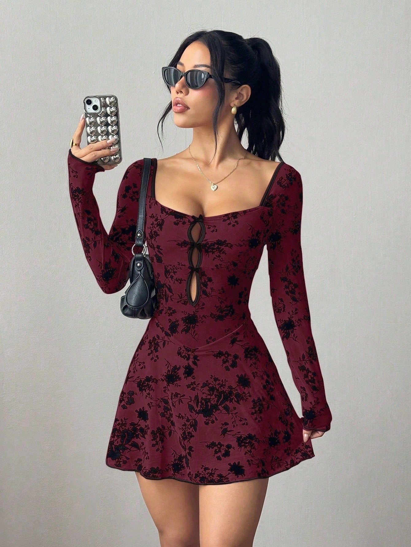 Petite Flocked Mesh Hollow Bowknot Sheer Dress