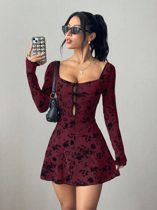Petite Flocked Mesh Hollow Bowknot Sheer Dress