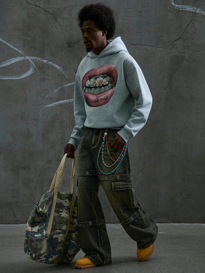 Rhinestone Teeth Print Grey Thermal Hoodie
