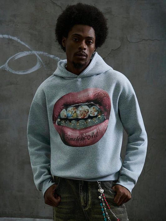 Rhinestone Teeth Print Grey Thermal Hoodie