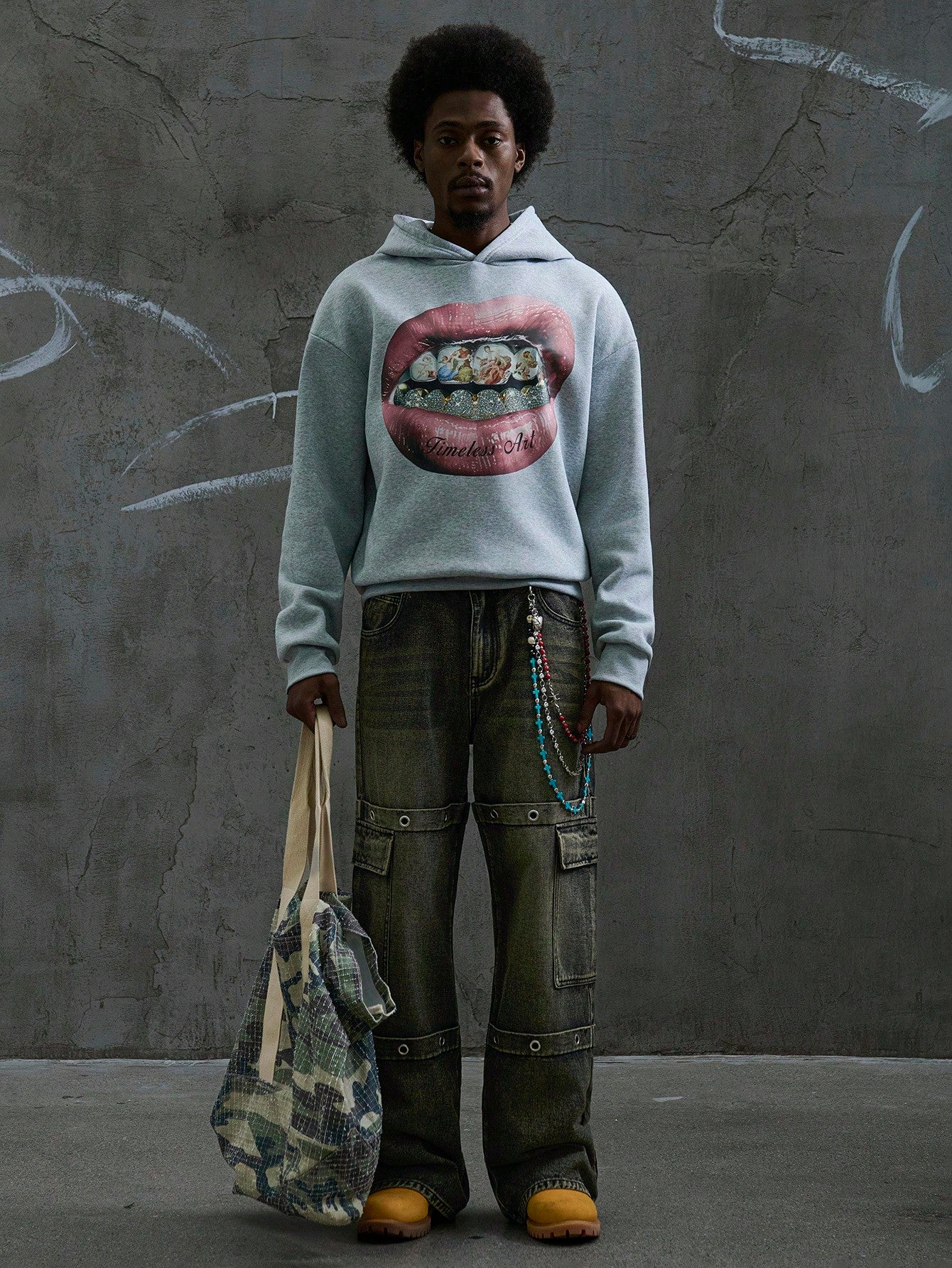 Rhinestone Teeth Print Grey Thermal Hoodie