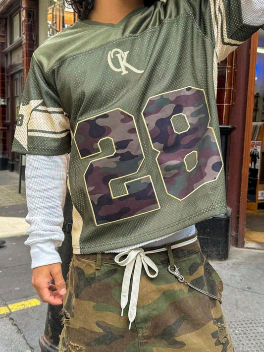 Green Camo 2-in-1 V-Neck Short Sleeve Sports Jersey