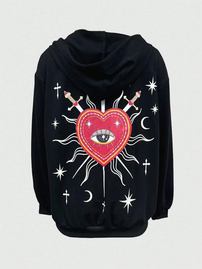 Goth Star Heart Pearl Decor Zip Hoodie