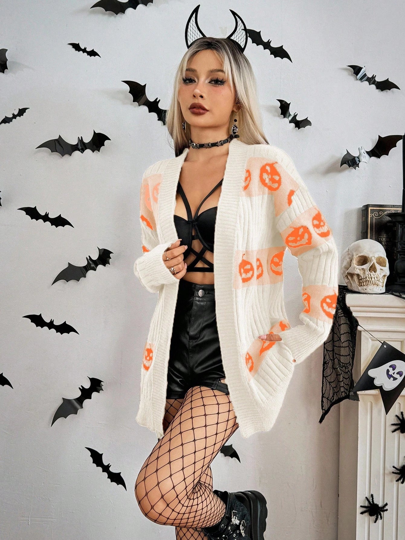 Halloween Casual Pumpkin Pattern Knit Cardigan