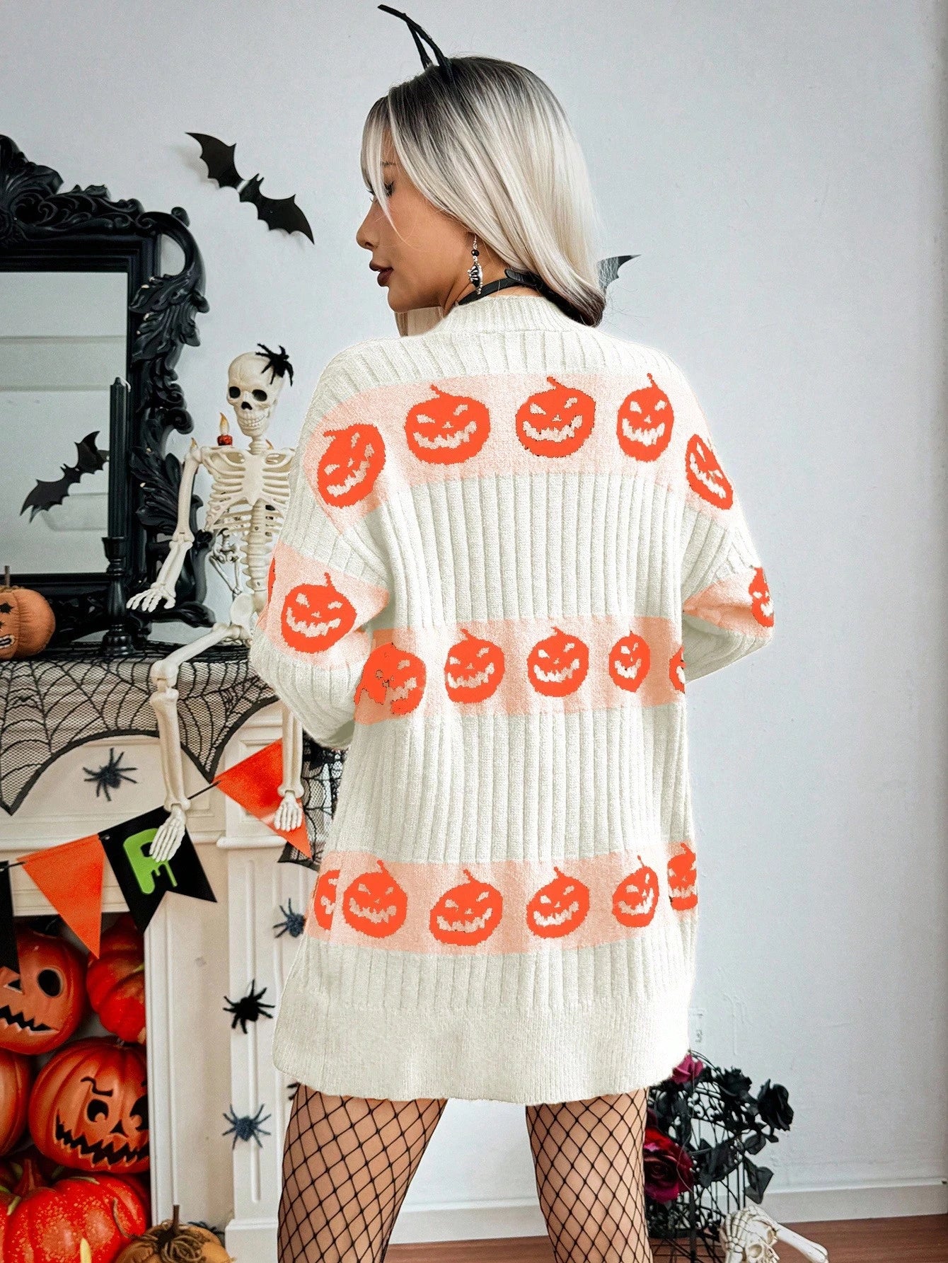 Halloween Casual Pumpkin Pattern Knit Cardigan
