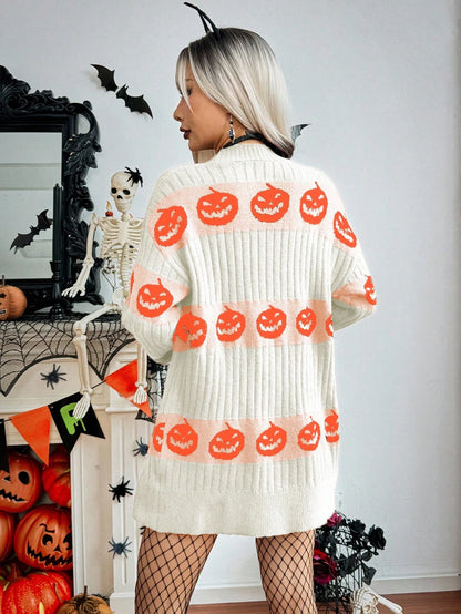 Halloween Casual Pumpkin Pattern Knit Cardigan