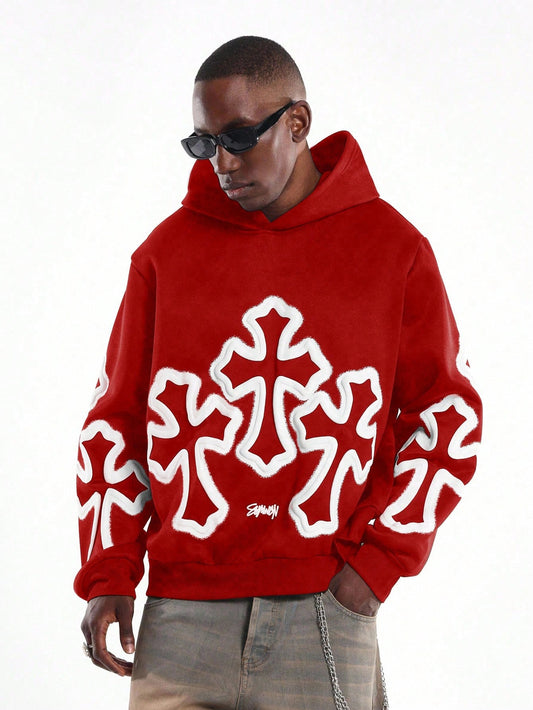 White Cross Graffiti Oversized Pullover Hoodie