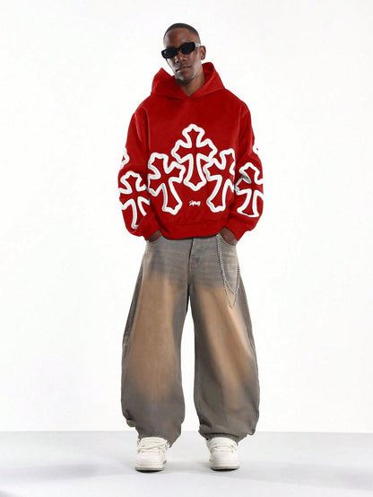 White Cross Graffiti Oversized Pullover Hoodie