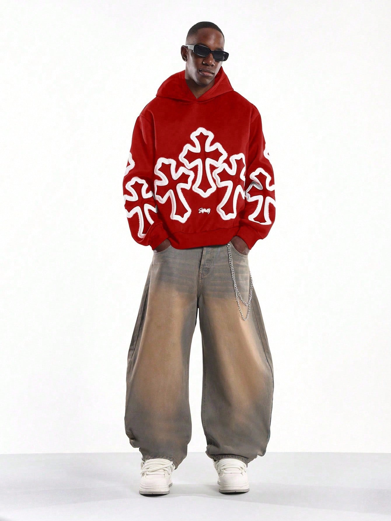 White Cross Graffiti Oversized Pullover Hoodie