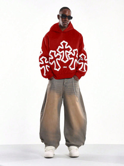 White Cross Graffiti Oversized Pullover Hoodie