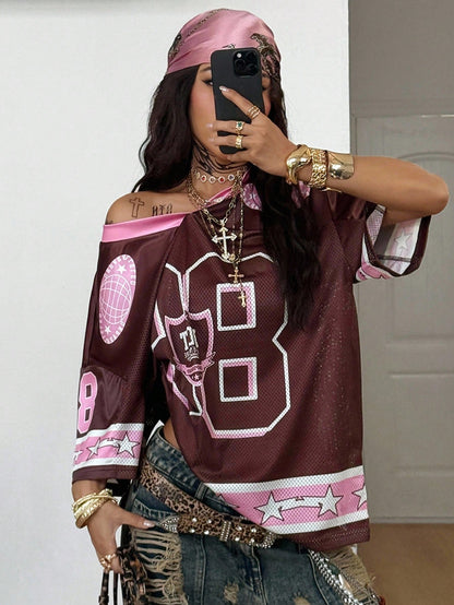 Women's Coffee Brown Oversized Knitted V-Neck Short Sleeve Top Jersey