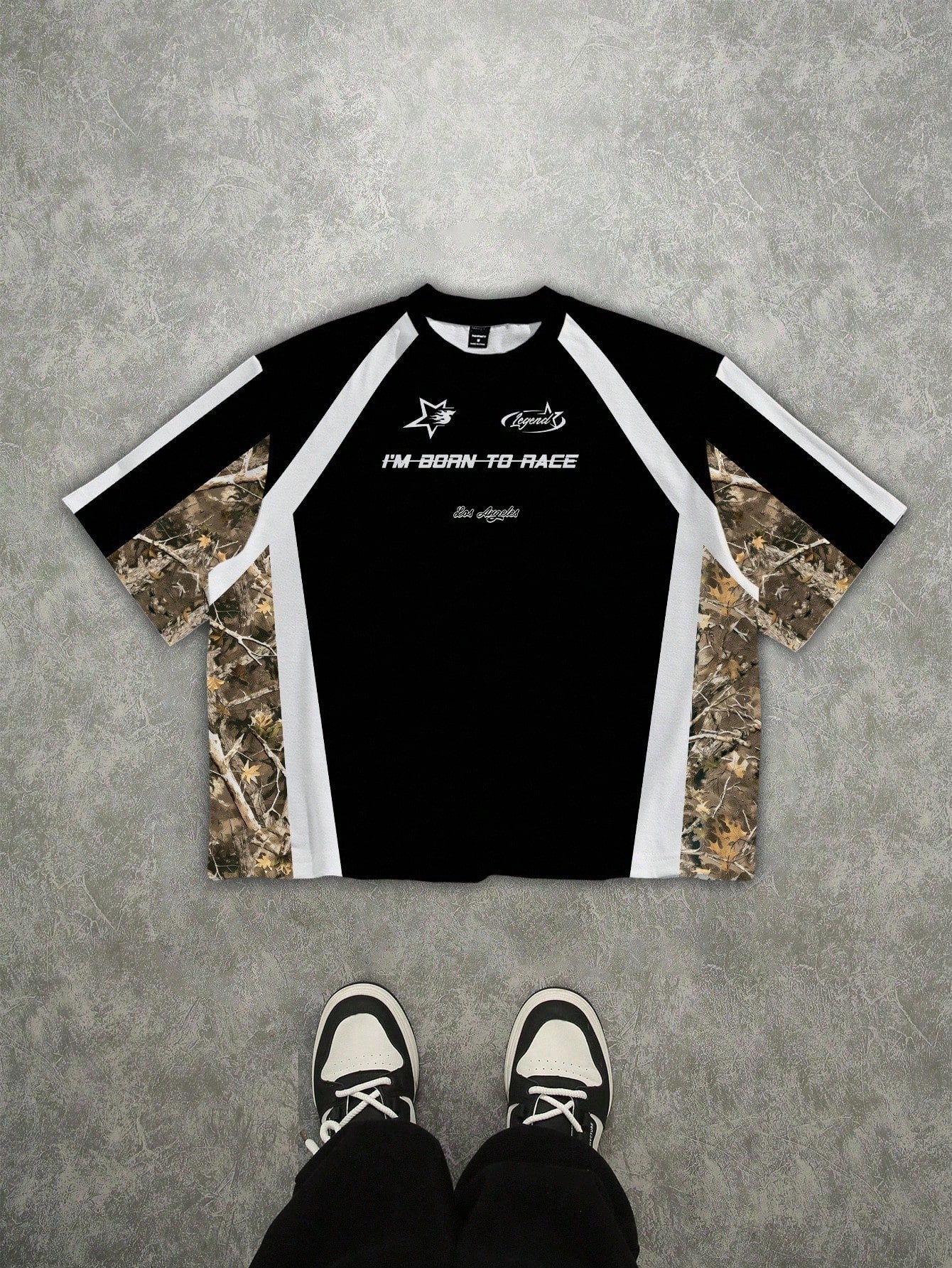 Boxy Cropped Black & White Camouflage Patchwork Jersey