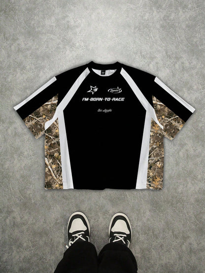 Boxy Cropped Black & White Camouflage Patchwork Jersey