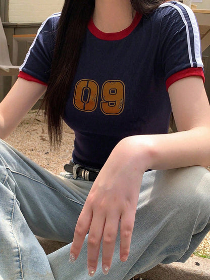 Women's Striped Numeric Print Sports Jersey Tee