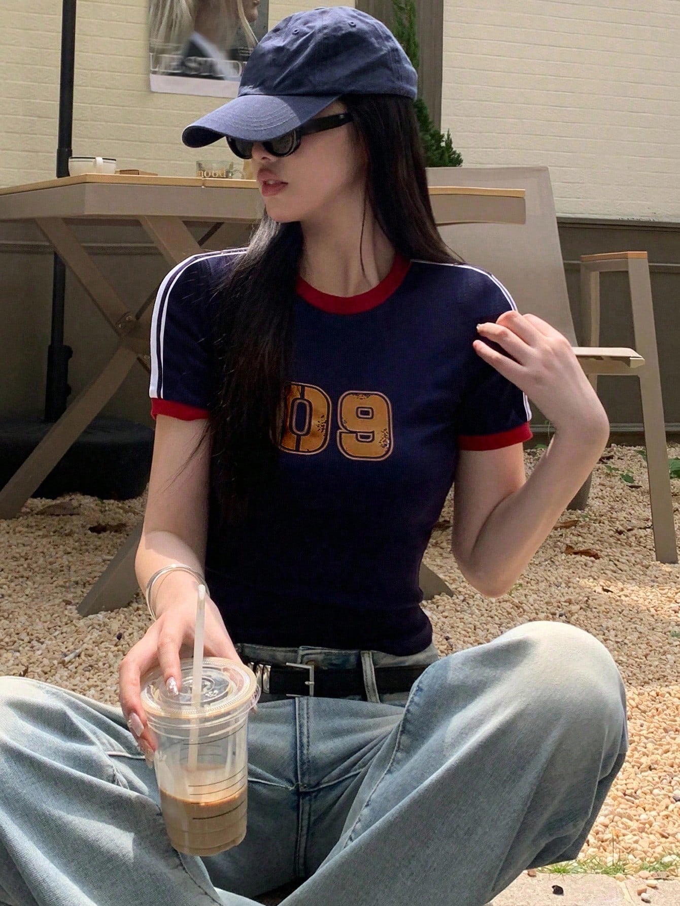 Women's Striped Numeric Print Sports Jersey Tee