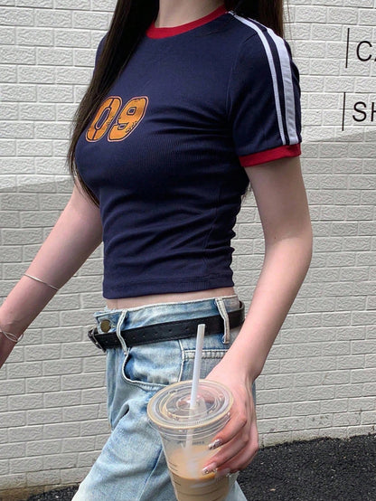 Women's Striped Numeric Print Sports Jersey Tee