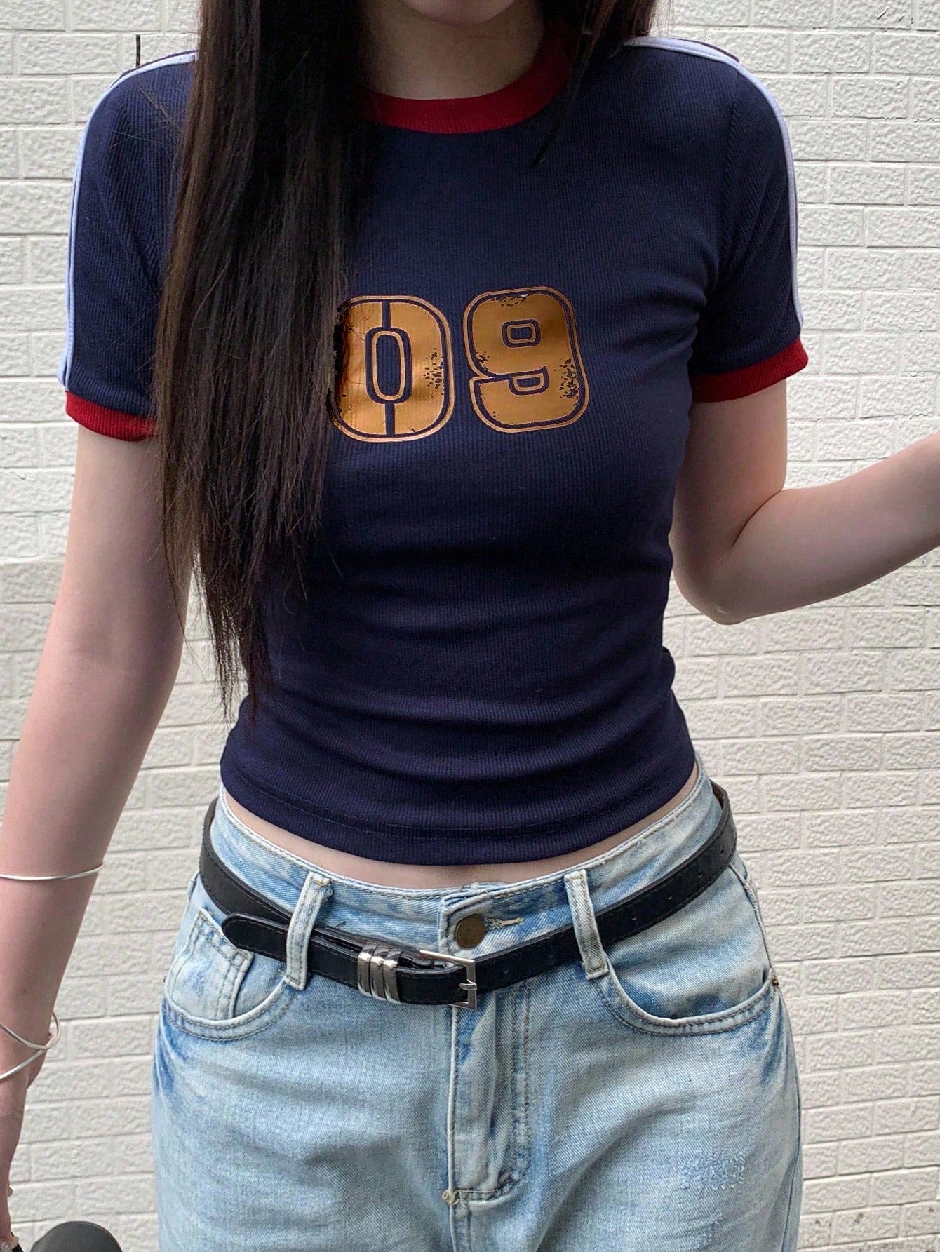 Women's Striped Numeric Print Sports Jersey Tee