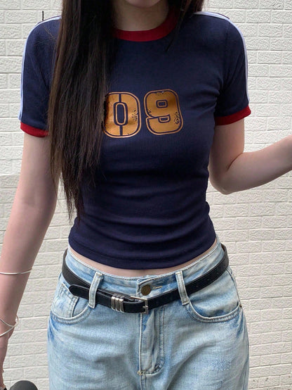 Women's Striped Numeric Print Sports Jersey Tee