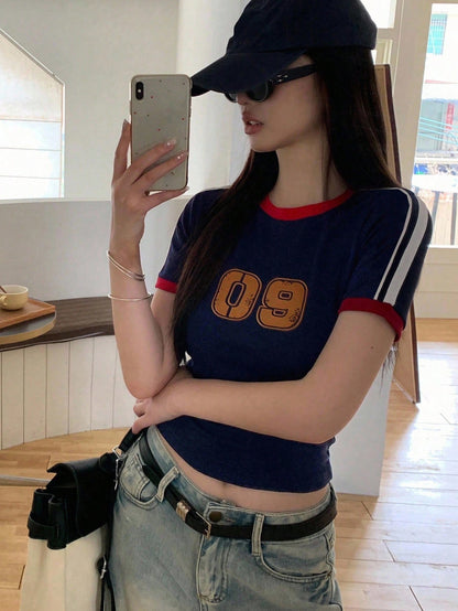 Women's Striped Numeric Print Sports Jersey Tee