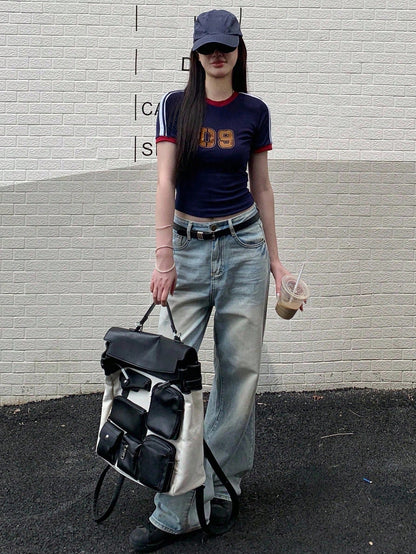 Women's Striped Numeric Print Sports Jersey Tee