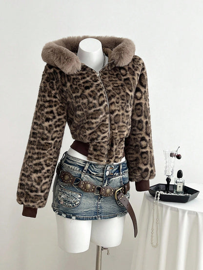 Women's Leopard Fuzzy Faux Fur Collar Zip Hoodie